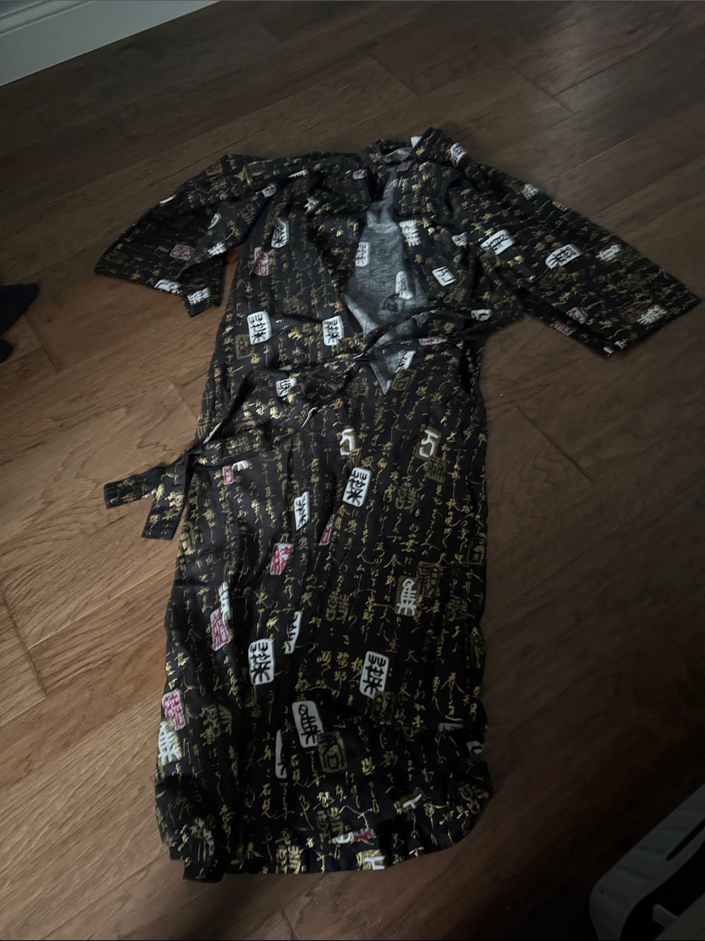 Men's Black Yukata-Style Kimono Robe with Gold Script Accents
